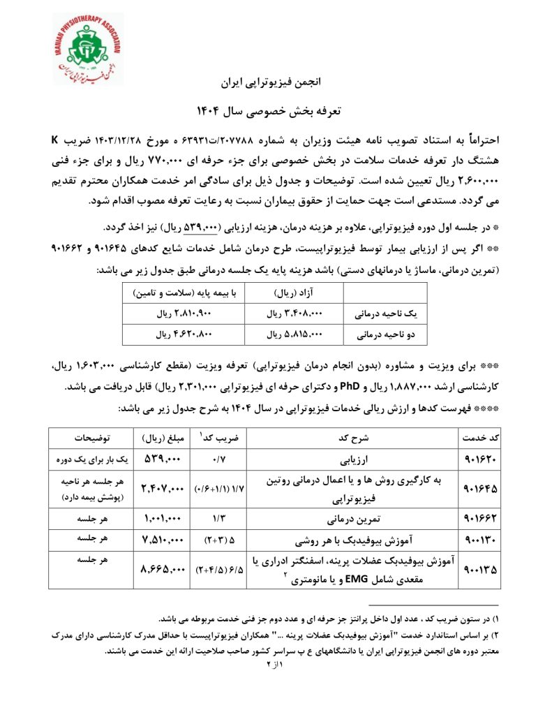 تعرفه فیزیو تراپی بخش خصوصی